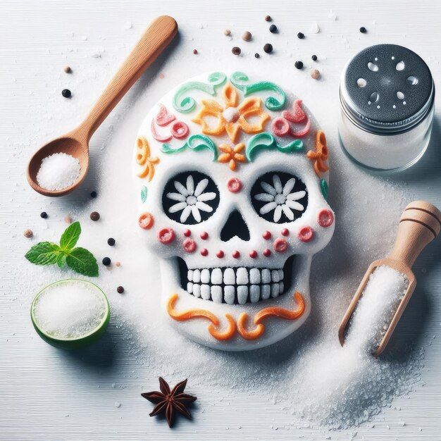 Photo a skull with a colorful design on it sits on a table with other items