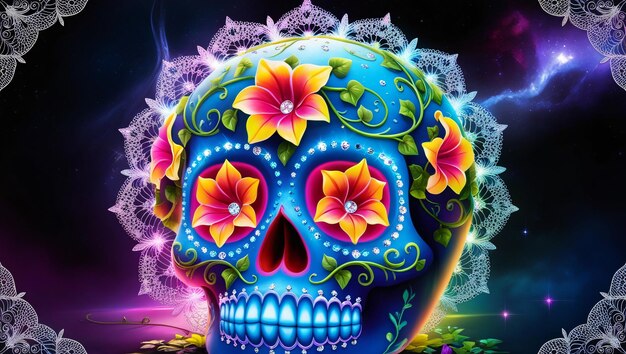 Photo a skull with colorful flowers on it is painted with colorful flowers