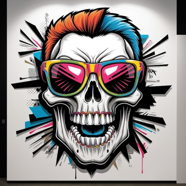 a skull with colorful glasses is on a wall with a skull and colorful glasses