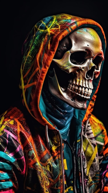 A skull with a colorful hoodie that says'skull'on it