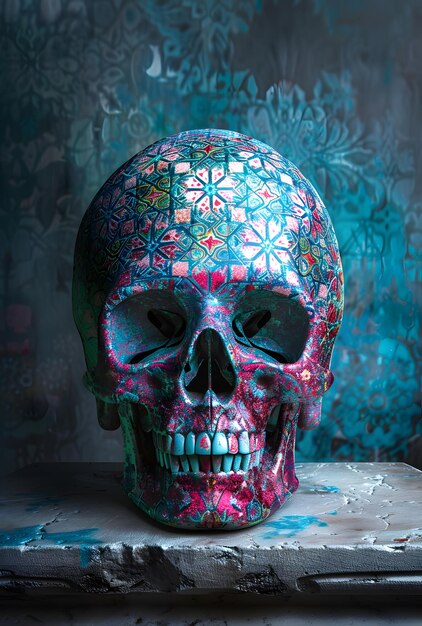 Photo a skull with a colorful pattern on it sits on a table