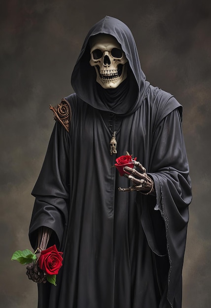 a skull with a cross on it holds roses