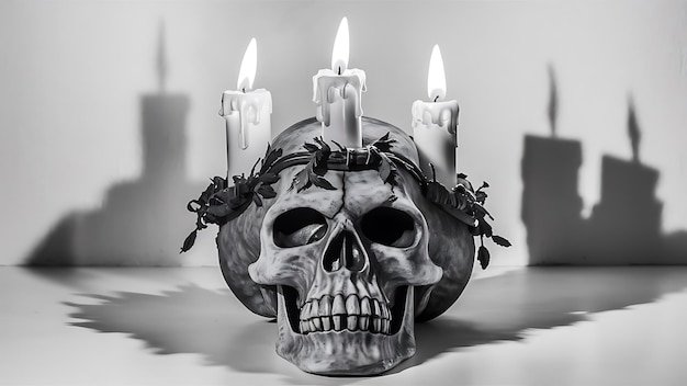 a skull with a crown and candles in the middle of it