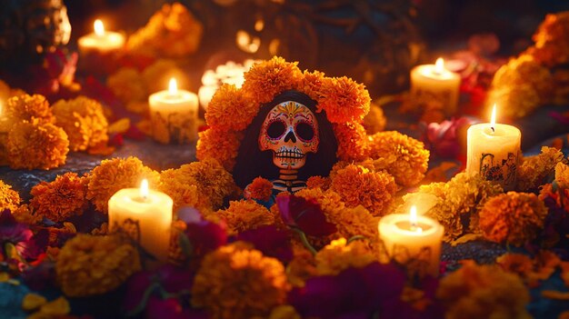 Photo a skull with a crown of flowers and candles in front of them