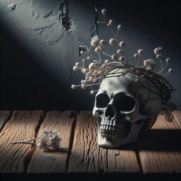 Photo a skull with a crown and flowers on it is on a wooden table