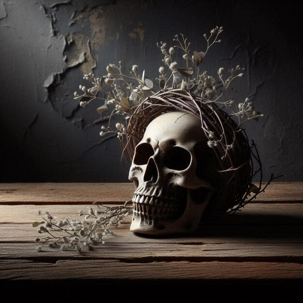 Photo a skull with a crown of flowers on it sits on a table