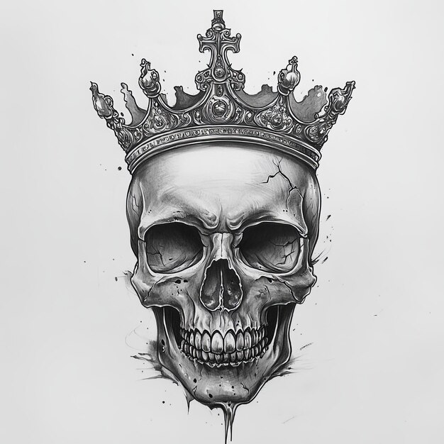 Photo skull with crown hand drawn illustration tattoo art