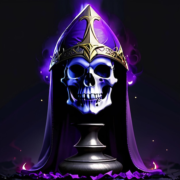 a skull with a crown on it is displayed in a dark room