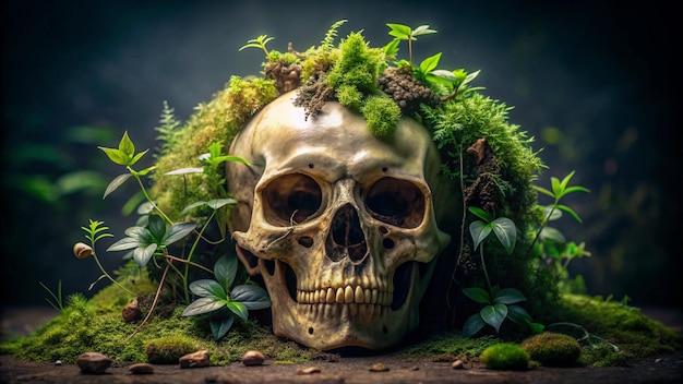 a skull with a crown of plants and flowers on it