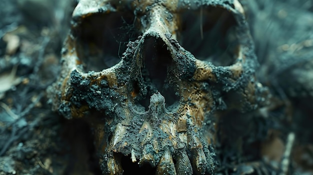 a skull with a dark surface and a dark background