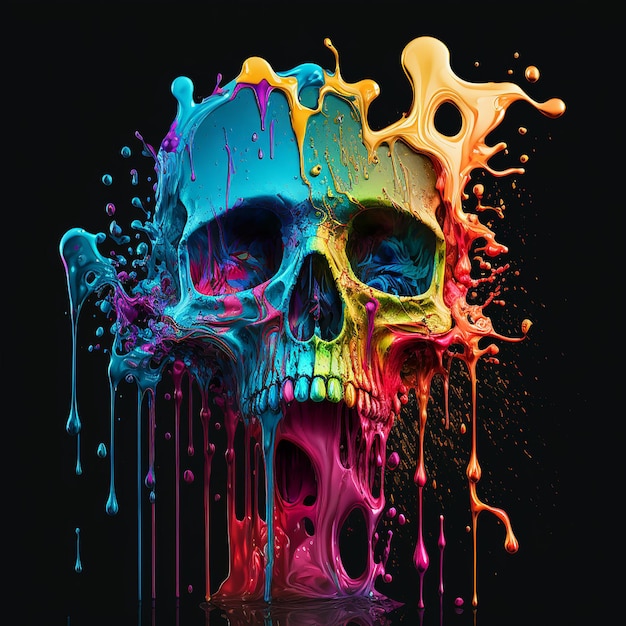 Skull with dripped paint of rainbow colors