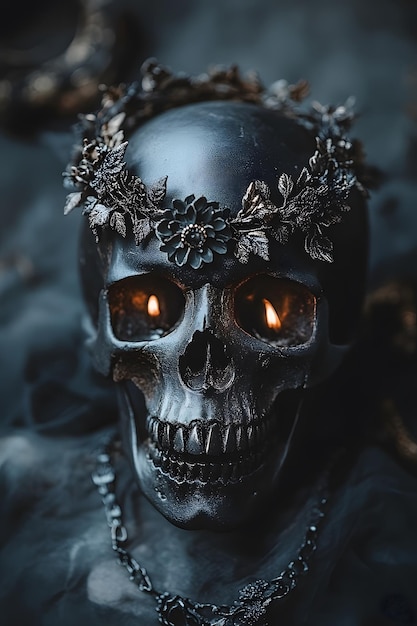 a skull with a floral crown on it sits in front of a black background