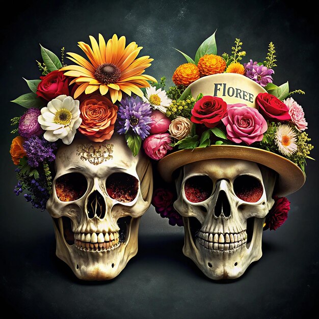 A skull with a floral hat and flowers on it