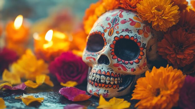 A skull with a flower crown on top of it surrounded by flowers