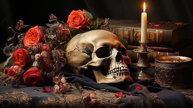 A skull with a flower on it and a candle on the table