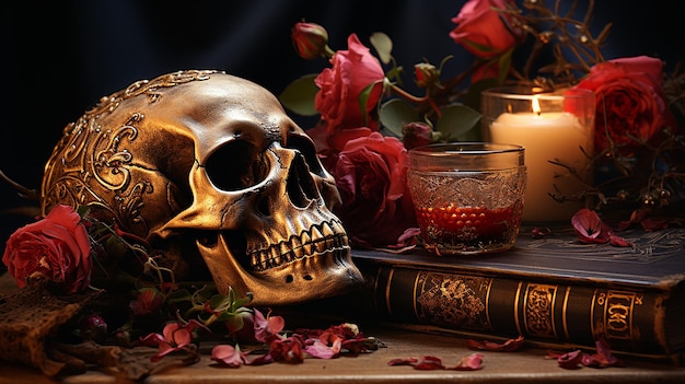 A skull with a flower on it and a candle on the table