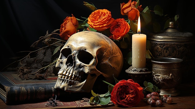 A skull with a flower on it and a candle on the table