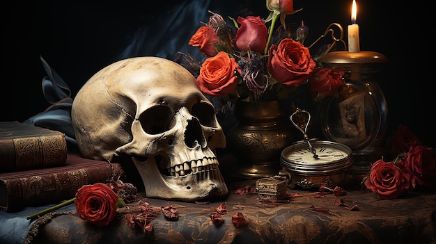 A skull with a flower on it and a candle on the table