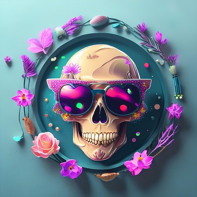 A skull with a flower on it is on a table.