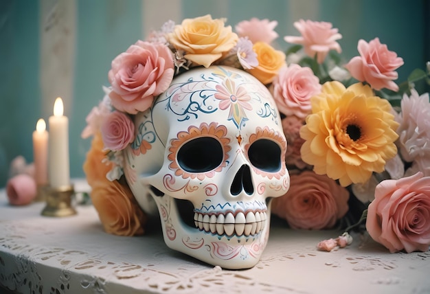 a skull with a flower on it sits on a table with flowers