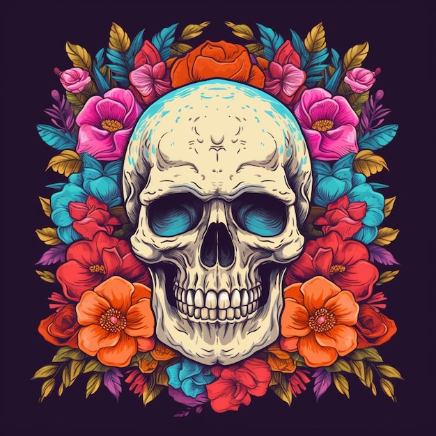 a skull with flowers around it on a black background generative ai