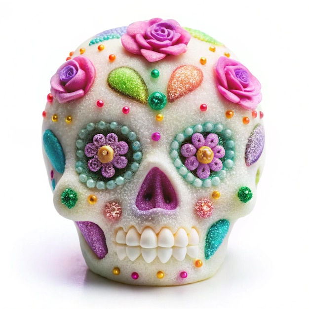 Photo a skull with flowers and beads on it sits on a white surface