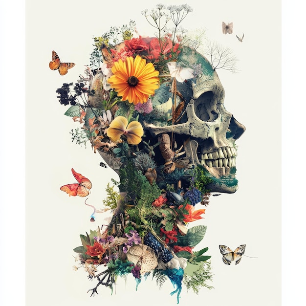 Photo skull with flowers and butterflies isolated on white background hand drawn illustration