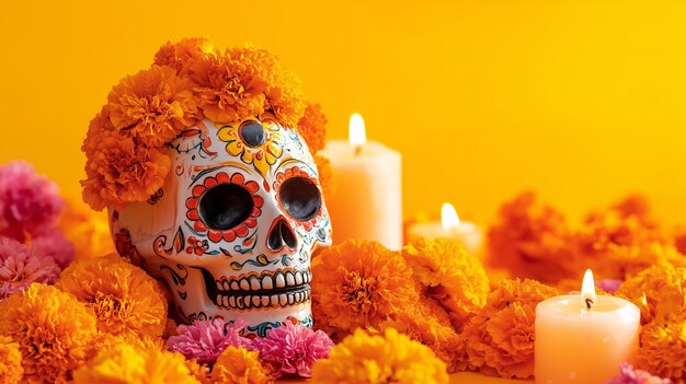 a skull with flowers and a candle in the background