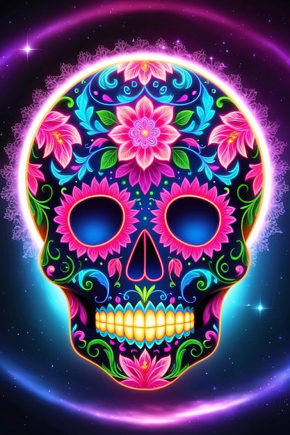 a skull with flowers and a colorful background