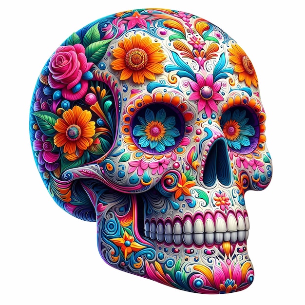 a skull with flowers and a flower design on it