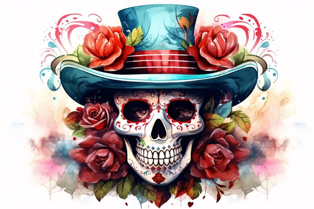 a skull with flowers and a hat