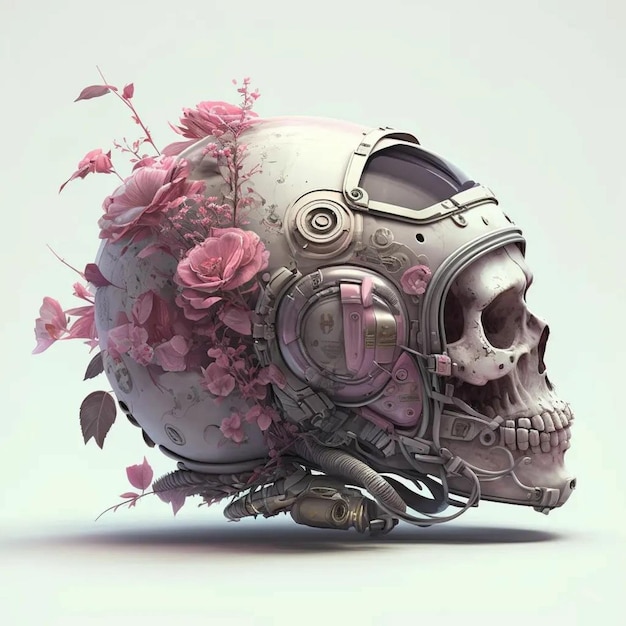 A skull with flowers on it and a helmet with a helmet on it.