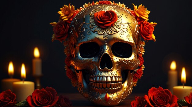 a skull with flowers on it is decorated with red roses