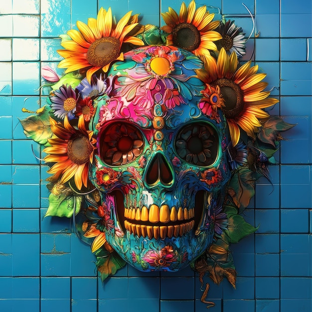 a skull with flowers on it is decorated with sunflowers