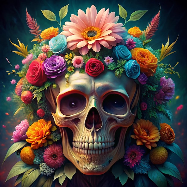 a skull with flowers on it is surrounded by colorful flowers