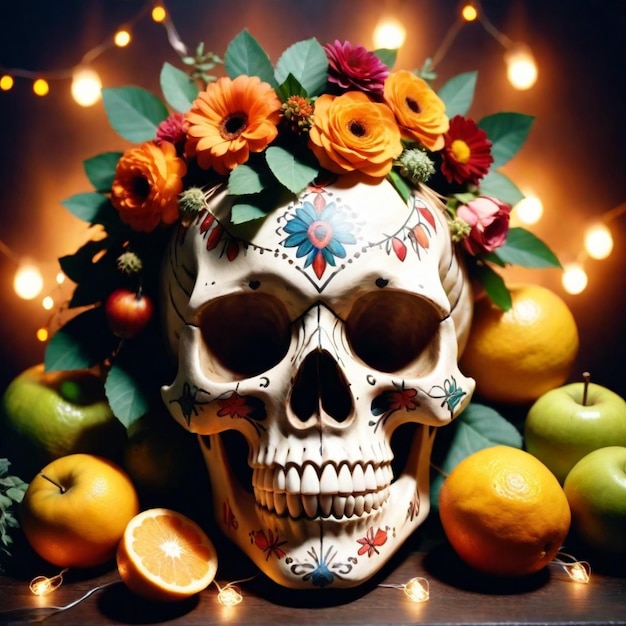 a skull with flowers on it is surrounded by oranges and flowers