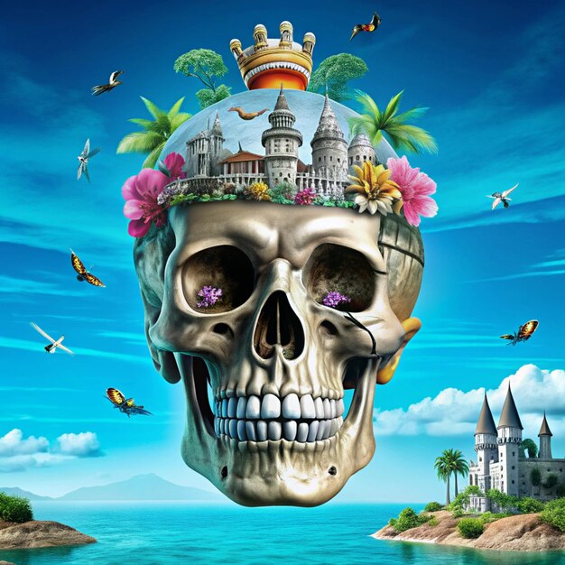 Photo a skull with flowers on it is above the water and a building in the background