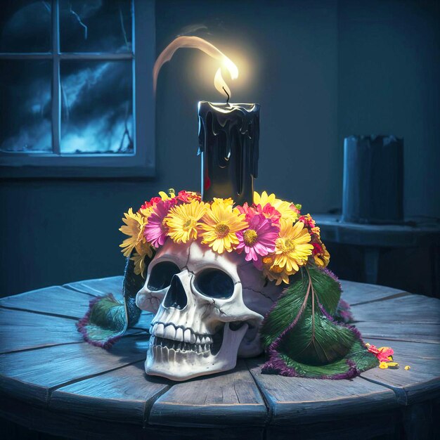 Photo a skull with flowers on it sits on a table