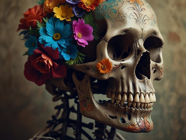 a skull with flowers on it and a skull with flowers in the top