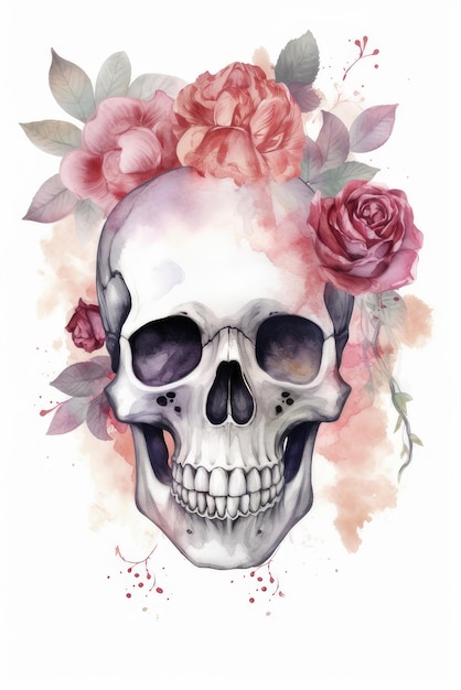 Skull with flowers on it and the word skull on it