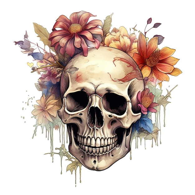 A skull with flowers on its head generative ai image