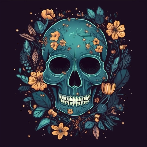 a skull with flowers and leaves on a black background generative ai