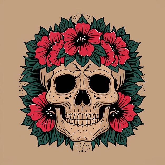 Skull with flowers and leaves Vector illustration for tattoo or tshirt design