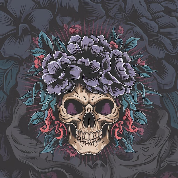 Photo skull with flowers and leaves vector illustration for tattoo or tshirt design