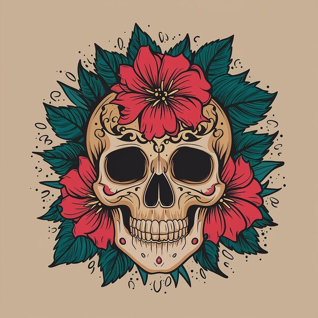 Skull with flowers and leaves Vector illustration for tattoo or tshirt design