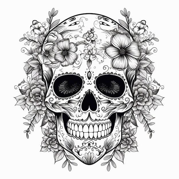 A skull with flowers and leaves.