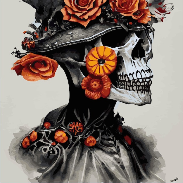 Skull with flowers roses and pumpkins for Halloween Vector illustration for autumn halloween holiday in vintage old