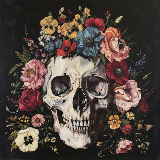 Photo a skull with flowers and a skull is shown in a painting