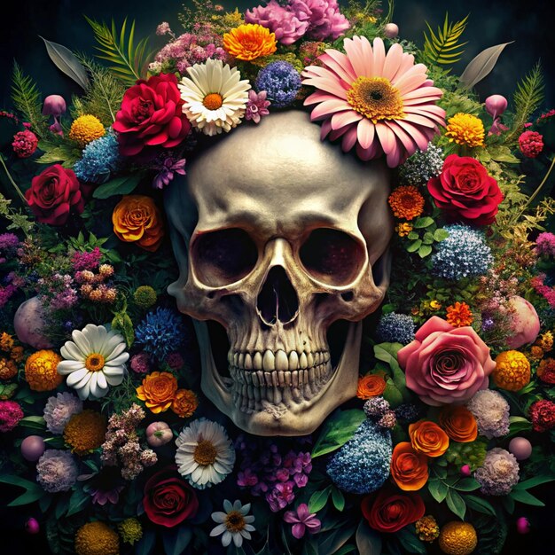 Photo a skull with flowers and a skull is surrounded by flowers