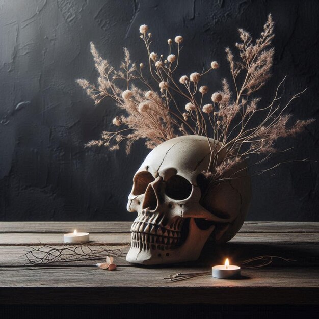 Photo a skull with flowers and a skull on a table